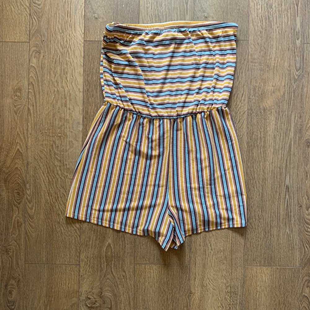 wild fable Striped Strapless Romper in Mustard, Blue, White